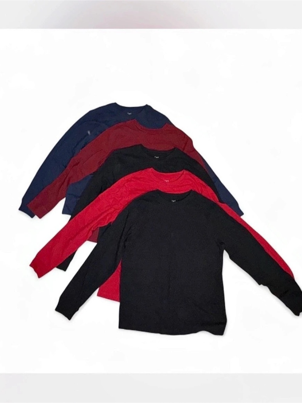 George Men's Long Sleeve Tees 5-Pack in Black (2), Navy, Burgundy, & Red.